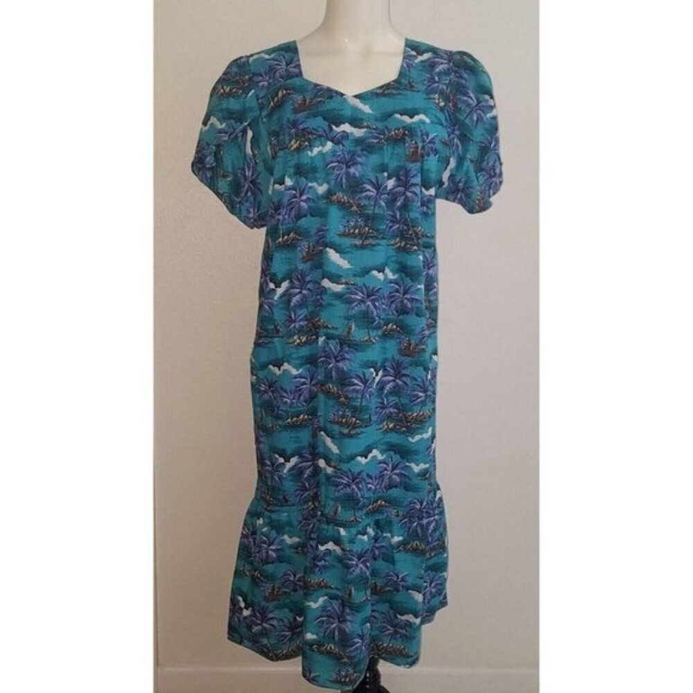 VTG Evergreen Island Dress Aqua Blue Tropical Palm Tree Vacation Hawaii Sz Large
